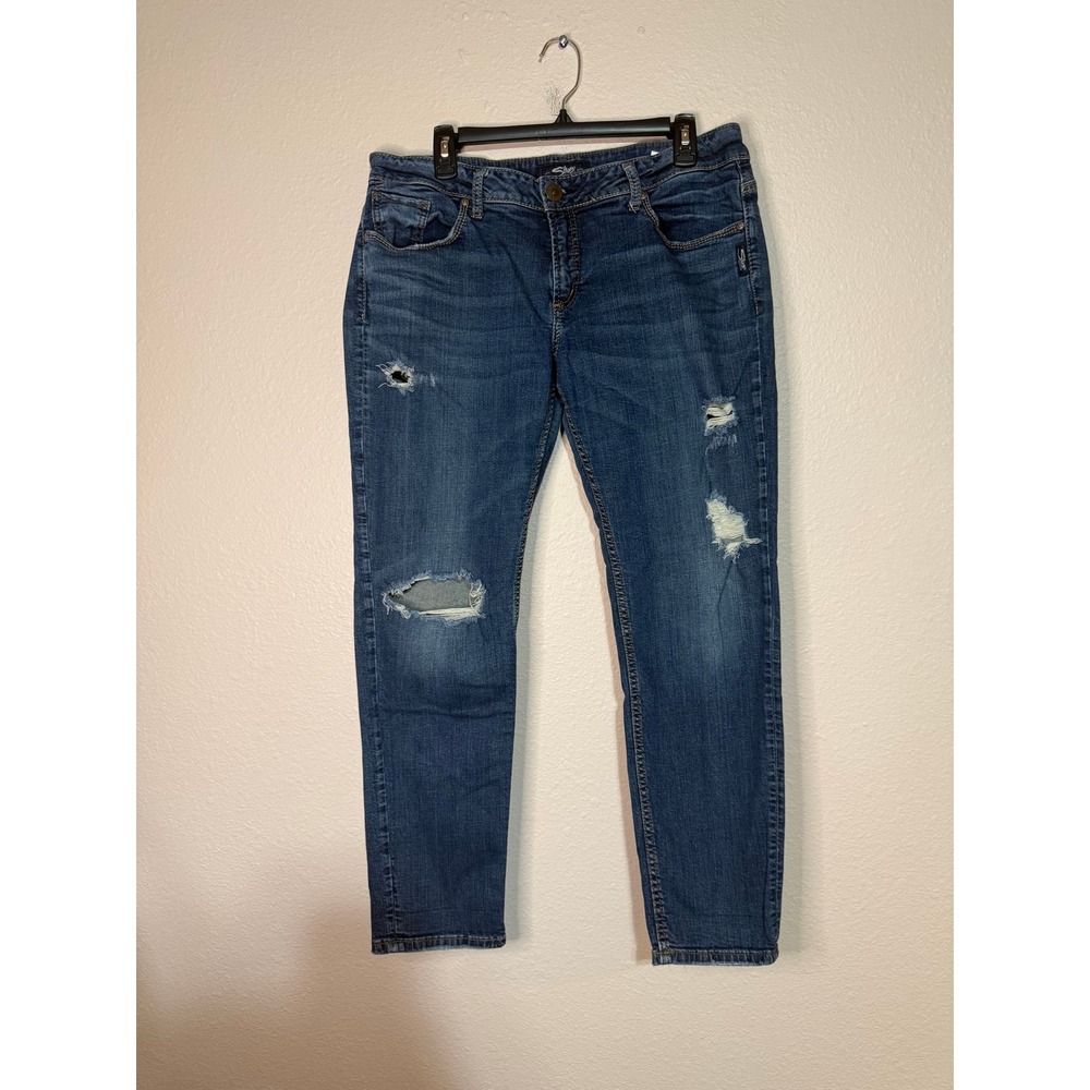 Silver Jeans Co Sam Mid Rise Slim Distressed Blue Jeans W33 L27